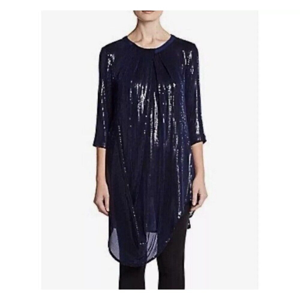 Lafayette 148 New York Navy Asymmetric‎ Sequin Silk Pleated Draped Tunic Size 14